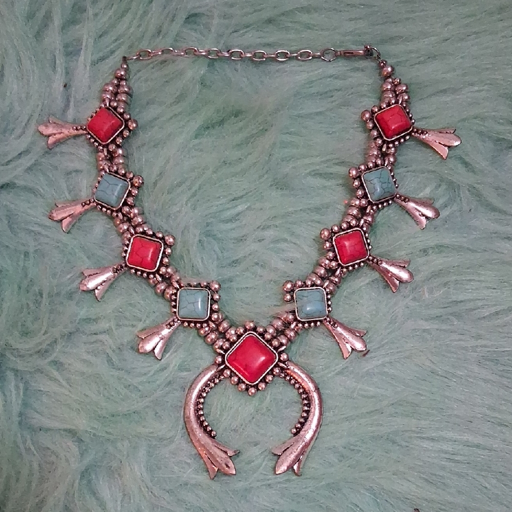 Southwestern-Inspired Silver-Tone Necklace with Red and Turquoise Stones